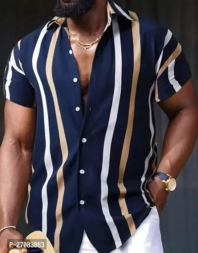 Trendy Navy Blue Cotton Striped Regular Fit Short Sleeves Casual Shirt For Men