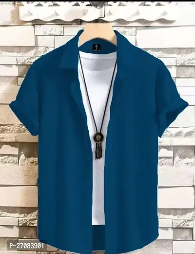 Trendy Blue Cotton Solid Regular Fit Short Sleeves Casual Shirt For Men