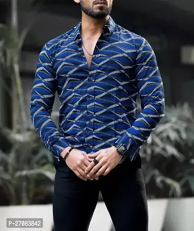 Trendy Blue Cotton Printed Regular Fit Long Sleeves Casual Shirt For Men-thumb0