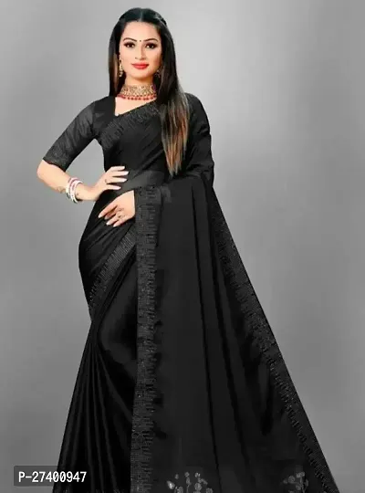 Elegant Black Satin Saree With Blouse Piece For Women-thumb0