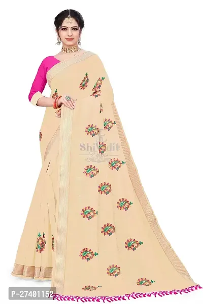 Elegant Beige Linen Saree With Blouse Piece For Women-thumb0