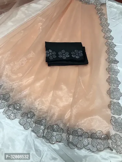 Stylish Peach Organza Solid Saree with Blouse piece For Women