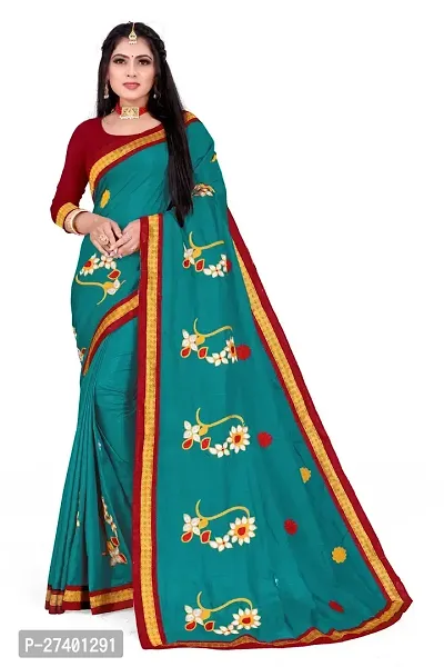 Elegant Turquoise Silk Blend Saree With Blouse Piece For Women-thumb0