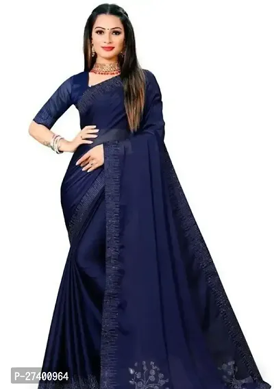 Elegant Navy Blue Satin Saree With Blouse Piece For Women