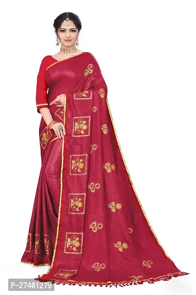 Elegant Red Silk Blend Saree With Blouse Piece For Women-thumb0