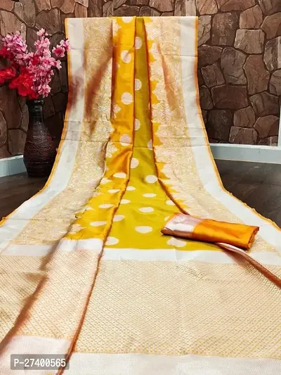 Elegant Yellow Silk Blend Saree With Blouse Piece For Women-thumb0