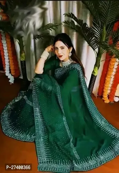 Elegant Green Chiffon Saree With Blouse Piece For Women-thumb0