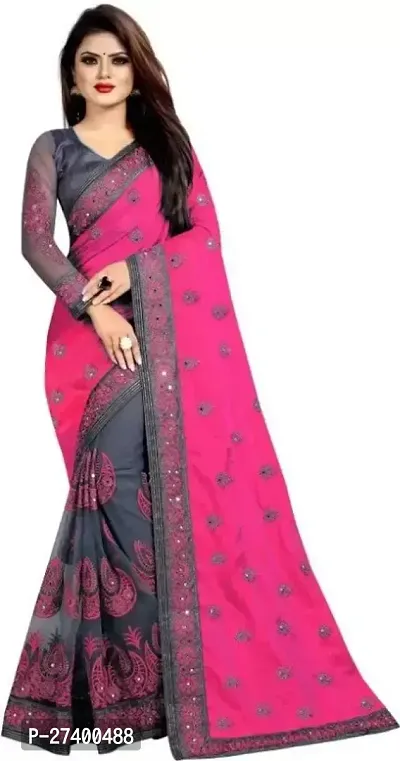 Elegant Pink Net Saree With Blouse Piece For Women-thumb0