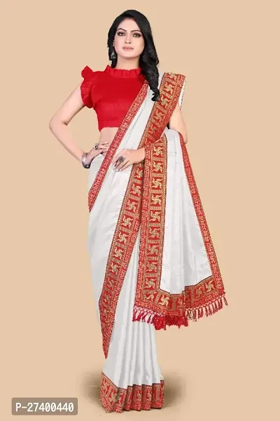 Elegant White Silk Cotton Saree With Blouse Piece For Women-thumb0