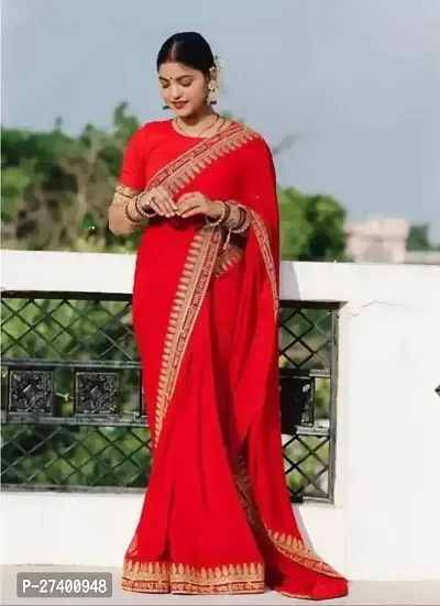 Elegant Red Silk Blend Saree With Blouse Piece For Women-thumb0