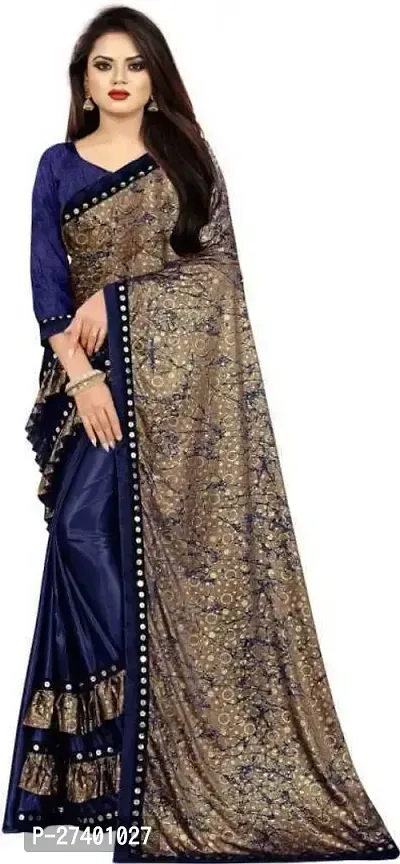 Elegant Navy Blue Lycra Saree With Blouse Piece For Women-thumb0