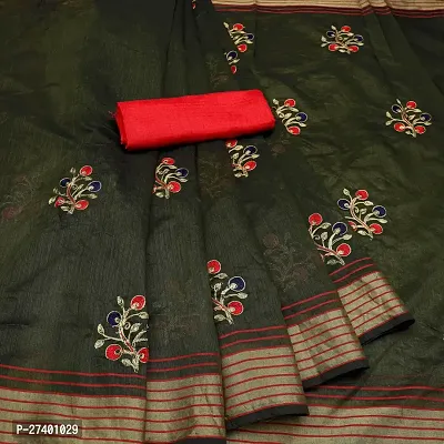 Elegant Green Linen Saree With Blouse Piece For Women-thumb0