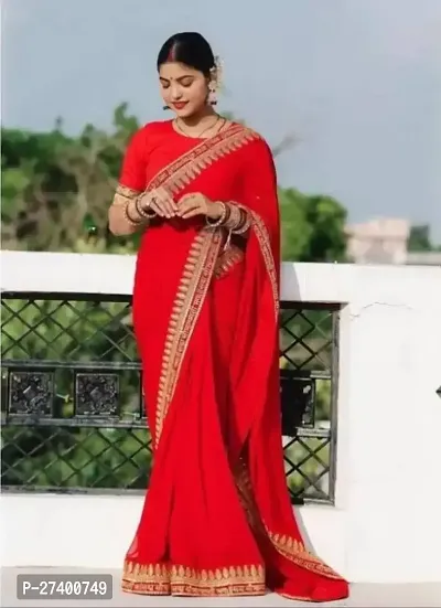 Elegant Red Silk Cotton Saree With Blouse Piece For Women-thumb0