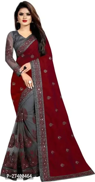 Elegant Maroon Net Saree With Blouse Piece For Women-thumb0