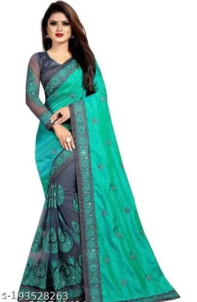 Partywear Net Half and Half Embroidered Sarees with Blouse piece