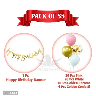 Alaina Happy Birthday Balloons Decoration Kit 55 Pcs - Happy Birthday Cursive Banner, Confetti Balloons, Golden Chrome Balloons, White & Pink Balloons-thumb2