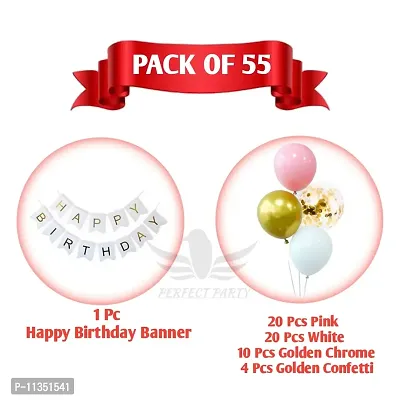 Alaina Happy Birthday Balloons Decoration Kit 55 Pcs - Happy Birthday Banner, Confetti Balloons, Golden Chrome Balloons, White & Pink Balloons-thumb2