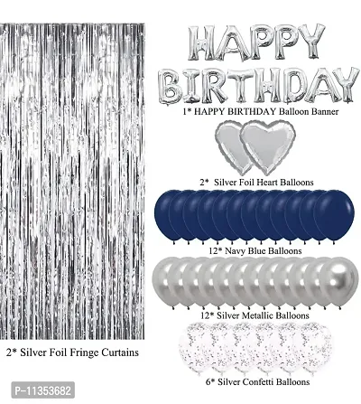 Alaina Happy Birthday Balloons Decoration Kit 35 Pcs - Happy Birthday Foil Balloons, Confetti Balloons, Fringe Curtains, Silver Foil Hearts, Metallic Balloons-thumb2