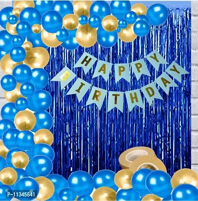 Alaina Happy Birthday Decoration Kit 53 Pcs Combo Pack - 1 Pc Happy Birthday Banner (Blue & Golden Color) + 2 Pcs Blue Fringe Curtains + 50 Pcs Metalic Balloons (Blue & Golden Color)