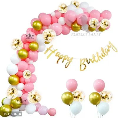 Alaina Happy Birthday Balloons Decoration Kit 55 Pcs - Happy Birthday Cursive Banner, Confetti Balloons, Golden Chrome Balloons, White & Pink Balloons