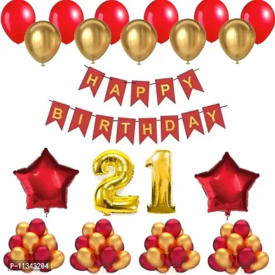 Alaina Happy Birthday Decoration Kit - 1 Pc Happy Birthday Banner (Red & Golden Color) + 50 Pcs Metallic Balloons (Red & Golden) + 2 Red Foil Stars + Your Birthday Age (24 Happy Birthday)