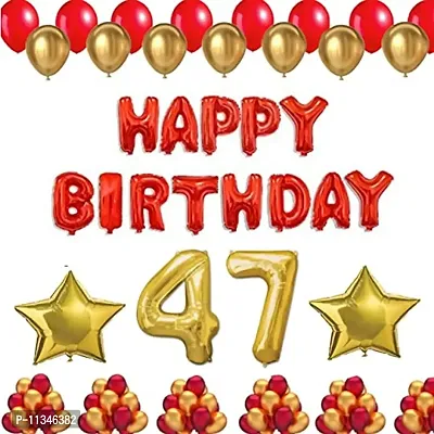 Alaina Happy Birthday Decoration Kit - 1 Set Happy Birthday Foil Letters + 2 Pcs Golden Stars + 50 Pcs Metallic Balloons (Red + Golden) + Birthday Age Foil Number (47 Happy Birthday)