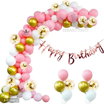 Alaina Happy Birthday Decoration Items 52 Pcs Combo Pack - Happy Birthday Cursive Banner, Metallic Balloons, Pastel Balloons,