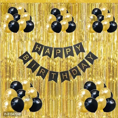 Alaina Happy Birthday Balloons Decoration Kit Combo Pack 35 Pcs - 1 Happy Birthday Banner, 2 Golden Fringe Curtains, 32 Pcs Metallic Balloons (Black & Golden)