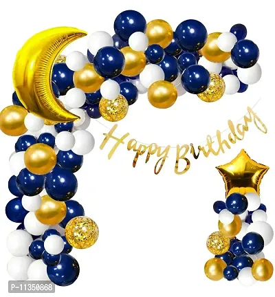 Alaina Happy Birthday Decoration Kit 56 Pcs Combo Pack - 1 Pc of Happy Birthday Cursive Banner (Golden Color) + 3 Pcs Golden Confetti Balloons + 1 Pc Golden Foil Star + 1 Pc Golden Moon Foil Balloon + 50 pcs Metallic Balloons (Blue, Golden & White)