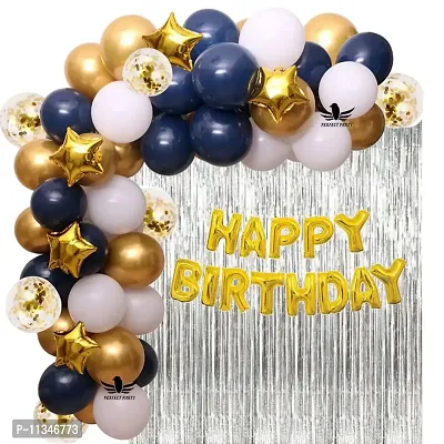 Alaina Happy Birthday Decoration Kit 61 Pcs Combo Pack - 1 Set Happy Birthday Foil Letters (Golden Color) + 2 Pcs Silver Fringe Curtains + 5 Pcs Golden Foil Stars + 3 Pcs Golden Confetti Balloons + 50 Pcs Metallic Balloons (Blue, White & Golden)-thumb0