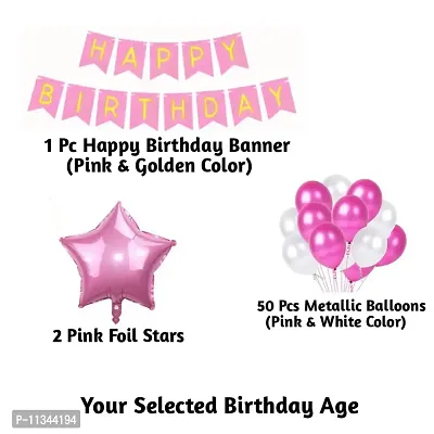 Alaina Happy Birthday Decoration Kit - 1 Pc Happy Birthday Banner (Pink & Golden Color) + 50 Pc Metallic Balloons (Pink & White) + 2 Pink Foil Stars + Your Birthday Age (37 Happy Birthday)-thumb2