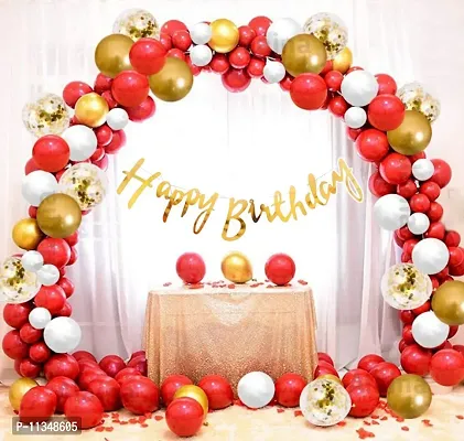 Alaina Happy Birthday Balloons Decoration Kit 80 Pcs - Happy Birthday Cursive Banner, Golden Chrome Balloons, Golden Confetti Balloons, Red White Metallic Balloons, Arch Strip.