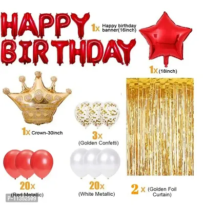 Alaina Happy Birthday Decoration Kit 48 Pcs Combo Pack for Girls Boys Kids - Happy Birthday Foil Balloons, Red Foil Star, Crown Foil Balloon, Golden Fringe Curtains, Confetti Balloons, Metallic Balloons-thumb2