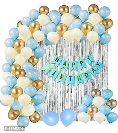 Alaina Happy Birthday Decoration Kit 53 Pcs Combo Pack - 1 Pc Happy Birthday Banner (Blue & Golden Color) + 2 Pcs Silver Fringe Curtains + 50 Pcs Metallic Balloons (Blue, Golden & White Color)-thumb0