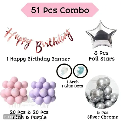 Alaina Happy Birthday Decoration Items 51 Pcs for Birthday Celebration for Boys Girls Kids Baby - Happy Birthday Cursive Banner, Pastel Balloons, Foil Star, Chrome, Arch Strip, Glue Dots Strip (Pink & Purple)-thumb2