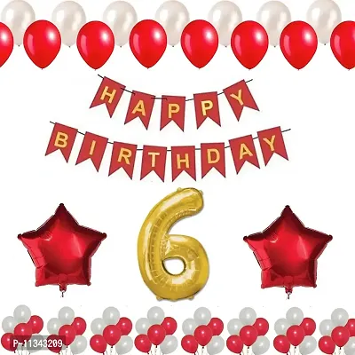 Alaina Happy Birthday Decoration Kit - 1 Pc Happy Birthday Banner (Red & Golden Color), 50 Pcs Metallic Balloons (Red & White), 2 Red Foil Stars, Your Birthday Age (14 Happy Birthday)-thumb0