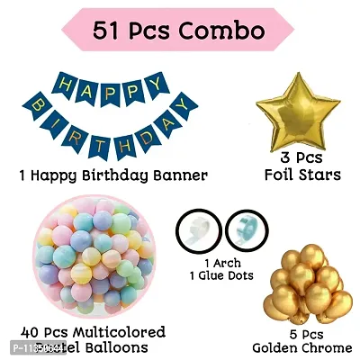 Alaina Happy Birthday Decoration Items 51 Pcs for Birthday Celebration for Boys Girls Kids Baby - Happy Birthday Banner, Pastel Balloons, Foil Stars, Chrome Balloons, Arch Strip, Glue Dots Strip-thumb2