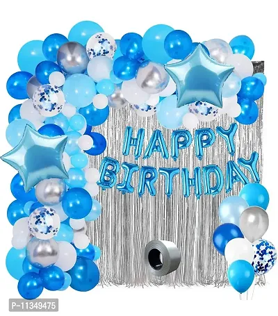 Alaina Happy Birthday Decoration Kit - 1 Set Happy Birthday Foil Letters + 2 Pcs Blue Foil Stars + 3 Pcs Blue Confetti Balloons + 2 Pcs Silver Fringe Curtains + 50 Pcs Metallic Balloons-thumb0