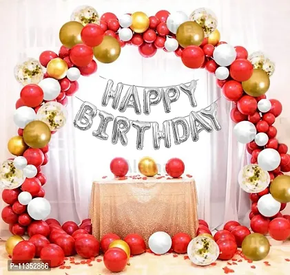 Alaina Silver Red Birthday Decoration Items 58 Pcs for Boys Girls Kids Baby - Happy Birthday Foil Balloon, Golden Confetti Balloons, Golden Chrome Balloons, Red White Metallic Balloons, Arch Strip