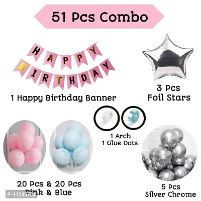 Alaina Happy Birthday Decoration Items 51 Pcs for Birthday Celebration for Boys Girls Kids Baby - Happy Birthday Banner, Pastel Balloons, Foil Stars, Chrome, Arch Strip, Glue Dots Strip-thumb2