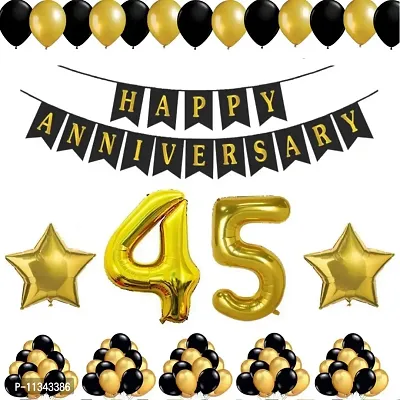 Alaina Happy Anniversary Decoration Kit - 1 Pc Happy Anniversary Banner + 50 Pcs Metallic Balloons (Black & Golden Color) + 2 Golden Foil Stars + Your Anniversary Year (34 Happy Anniversary)-thumb0