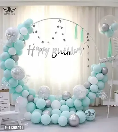 Alaina Happy Birthday Balloons Decoration Kit 55 Pcs Set for Boys Girls Kids - Happy Birthday Cursive Banner, Silver Confetti Balloons, Silver Chrome Balloons, Pastel Balloons