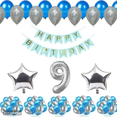 Alaina Blue Silver Birthday Decoration Items 55 Pcs for Birthday Celebration Kit for Boys Girls Kids Baby - Happy Birthday Banner, Silver Foil Stars, 40 Number Silver, Blue Silver Metallic Balloons for Birthday Decoration Combo | Birthday Balloons for Decoration