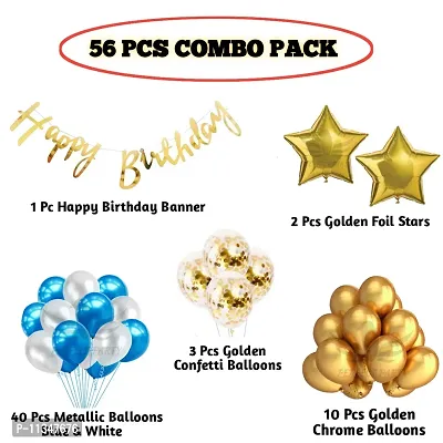 Alaina Happy Birthday Decoration Items Combo Set for Boys Girls Kids 56 Pcs Kit -1 Pc Happy Birthday Cursive Banner, 3 Pcs Golden Confetti, 2 Pcs Golden Foil Star Balloons, 10 Pcs Golden Chrome Balloons, 40 Pcs Metallic Balloons-thumb2