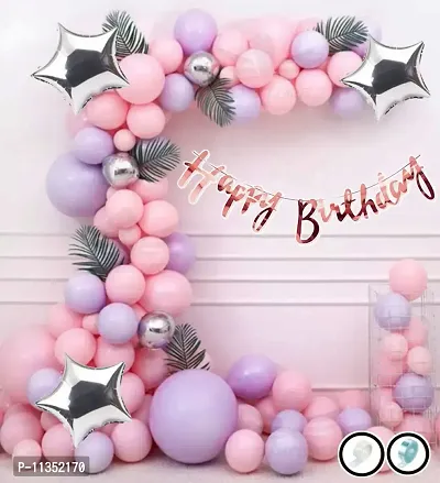 Alaina Happy Birthday Decoration Kit 51 Pcs Combo Pack for Girls Boys Kids - Happy Birthday Cursive Banner, Foil Stars, Chrome Balloons, Pastel Balloons, Balloons Arch Strip, Glue Dots Strip