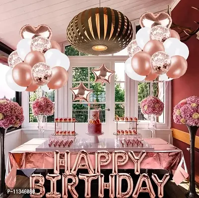 Alaina Happy Birthday Decoration Kit 48 Pcs Combo Pack - 1 Set Happy Birthday Foil Letters + 3 Pcs Rose Gold Confetti Balloons + 2 Pcs Rose Gold Foil Hearts + 2 Pcs Rose Gold Foil Stars + 40 Pcs Metallic Balloons (Rose Gold & White)-thumb2