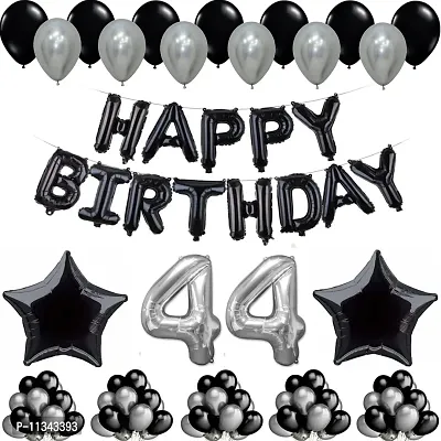 Alaina Happy Birthday Decoration Kit - 1 Set Happy Birthday Foil Letters (Black Color) + 2 Pcs Black Foil Stars + 50 Pcs Metallic Balloons (Black + Silver) (35 Happy Birthday)