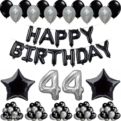 Alaina Happy Birthday Decoration Kit - 1 Set Happy Birthday Foil Letters (Black Color) + 2 Pcs Black Foil Stars + 50 Pcs Metallic Balloons (Black + Silver) (35 Happy Birthday)-thumb0