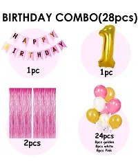 Alaina Happy Birthday Decoration Kit 28 Pcs Combo Pack - 1 Pc Happy Birthday Banner + 2 Pcs Pink Fringe Curtains + 1 Number Foil in Golden Color + 24 Pcs Metallic Balloons (Pink + Golden + White)-thumb1