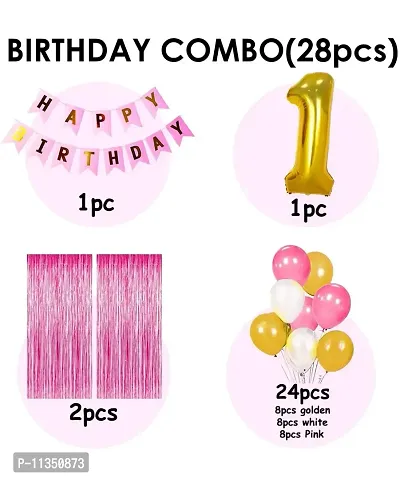 Alaina Happy Birthday Decoration Kit 28 Pcs Combo Pack - 1 Pc Happy Birthday Banner + 2 Pcs Pink Fringe Curtains + 1 Number Foil in Golden Color + 24 Pcs Metallic Balloons (Pink + Golden + White)-thumb2